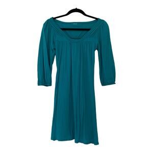 LAmade Teal Green Blue Cotton V-Neck 3/4 Sleeve Pleated Peasant Tunic Size Small